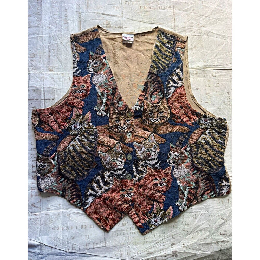 Cat Vest Bobbie Brooks Women’s Multicolor Cat Animal Print Button-Front Vintage